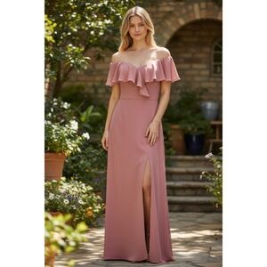Social Bridesmaids 8190 Off Shoulder Ruffle Gown Desert Rose Pink Size 8 Slit